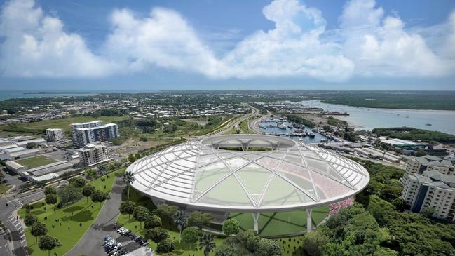 An artist’s impression showing one of two designs for the proposed AFL stadium in the Darwin CBD. Picture: Supplied