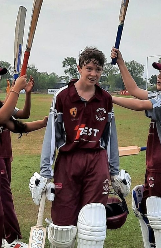Cadell McMahon after making 114 off just 60 balls in Under 15s cricket. Picture: Palmerston Cricket Club.
