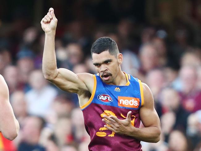 BRISBANE, AUSTRALIA - AUGUST 10: Charlie Cameron of the Lions celebrates a goal during the round 21 AFL match between the Brisbane Lions and the Gold Coast Suns at The Gabba on August 10, 2019 in Brisbane, Australia. (Photo by Chris Hyde/Getty Images)