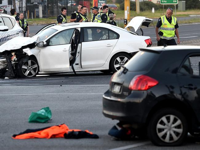 Police at the scene of the Princes Hwy and Springvale Rd collision. Picture: Nicole Garmston