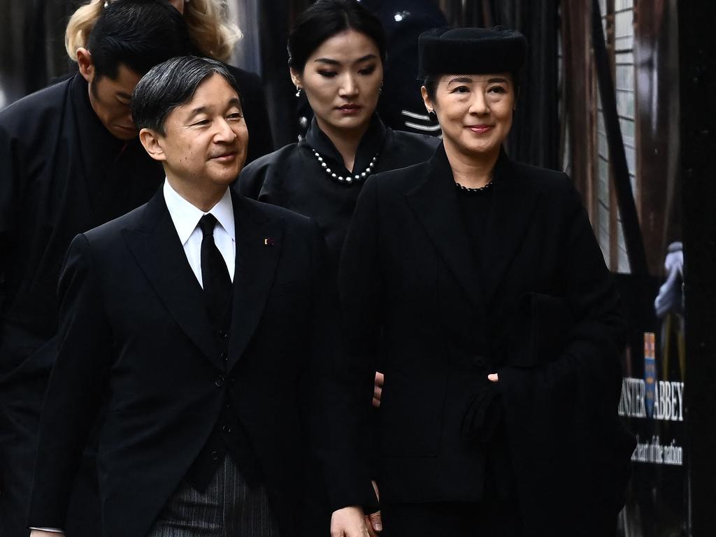 Japan's Emperor Naruhito and his wife Empress Masako arrive at Westminster Abbey. Picture: AFP