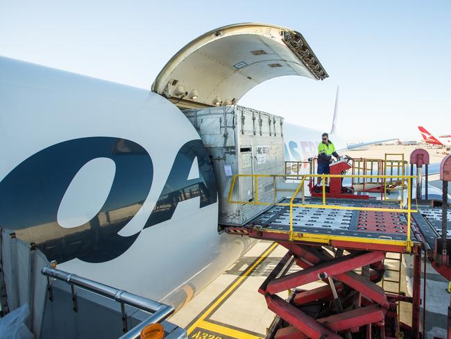 A Qantas B767-300 freighter loading up with cargo at Sydney Airport