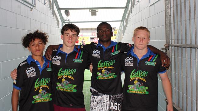 Ben Depaauw, Ishmael Waireg, Zaeden Kitchin-Ely and Locklyn Brown of the Innisfail Leprechauns after the Far North Queensland Rugby League under 14s grand final against Kangaroos at Barlow Park. Picture: Jake Garland