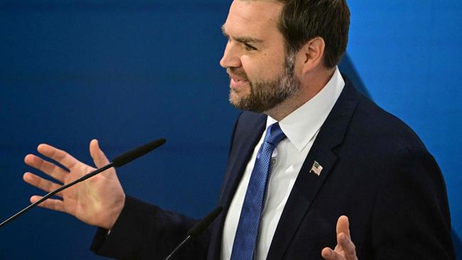 TOPSHOT - US Vice President JD Vance speaks during the 61st Munich Security Conference (MSC) in Munich, southern Germany on February 14, 2025. (Photo by Tobias SCHWARZ / AFP)