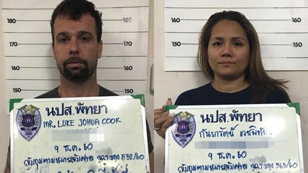 Australian Hells Angels member Luke Joshua Cook and his Thai wife Kanyarat Wechapitak shortly after being arrested after attempt to smuggle millions of dollars worth of crystal methamphetamines into a Thai port. Picture: Supplied