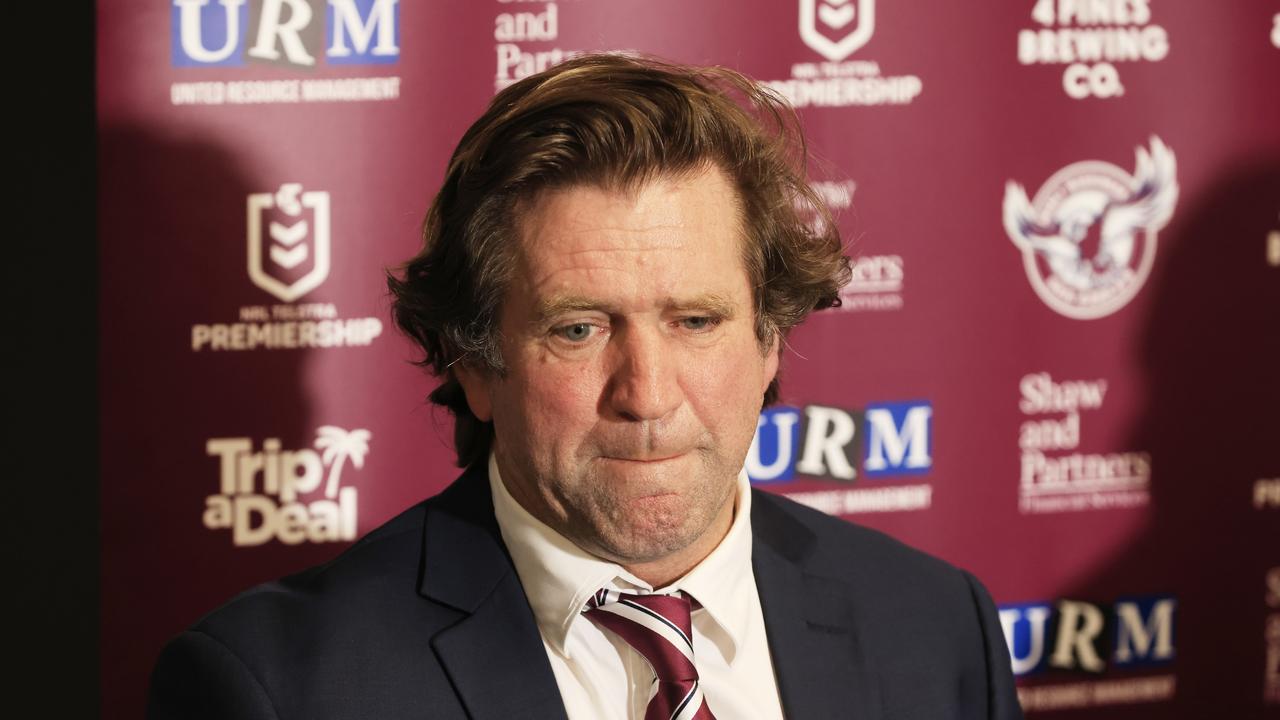 SYDNEY, AUSTRALIA – MAY 23: Manly coach Des Hasler speaks during the after match press conference in the round 11 NRL match between the Parramatta Eels and the Manly Sea Eagles at Bankwest Stadium, on May 23, 2021, in Sydney, Australia. (Photo by Mark Evans/Getty Images)