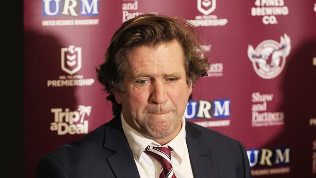 SYDNEY, AUSTRALIA – MAY 23: Manly coach Des Hasler speaks during the after match press conference in the round 11 NRL match between the Parramatta Eels and the Manly Sea Eagles at Bankwest Stadium, on May 23, 2021, in Sydney, Australia. (Photo by Mark Evans/Getty Images)