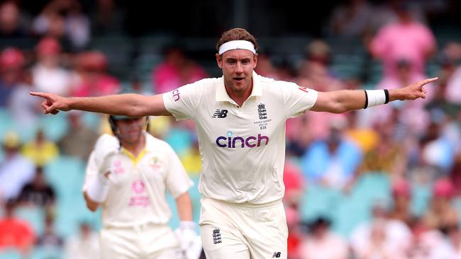 Stuart Broad celebrates dismissing David Warner for the 13th time in Test cricket. Picture: David Gray/AFP