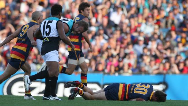 Luke Jericho lies on the Football Park turf after being hit by Dean Brogan in Showdown 24 in 2008. Picture: Ray Titus