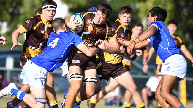 AIC First XV Padua College man of the match Brock Powell, flanked by Callum Rooney, left, and Nick Hinchey. Picture, John Gass