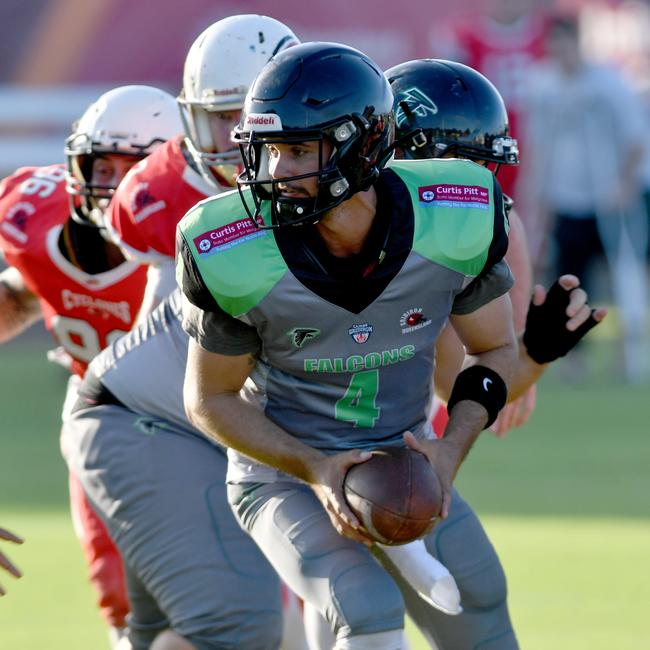 NORTH QUEENSLAND GRIDIRON REEF BOWL 2021. Townsville Cyclones against Cairns Falcons at Townsville Sports Reserve. Falcons Brendon Kruger. Picture: Evan Morgan