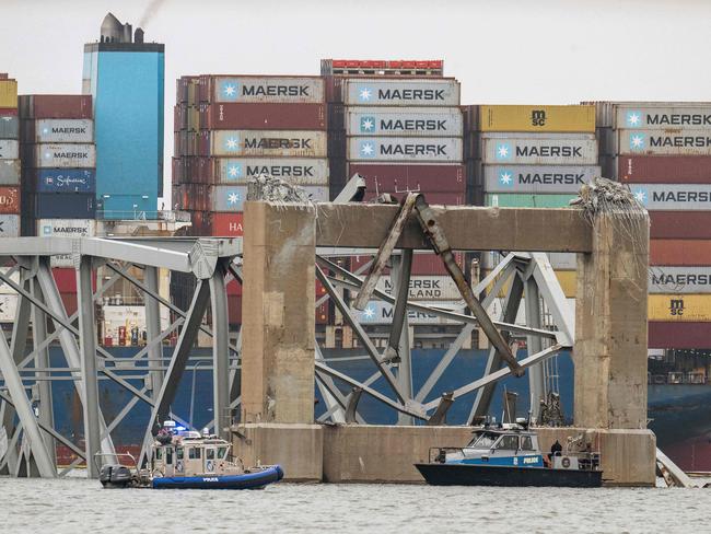 The collapsed Francis Scott Key Bridge lies on top of the container ship Dali in Baltimore, Maryland. Picture: AFP