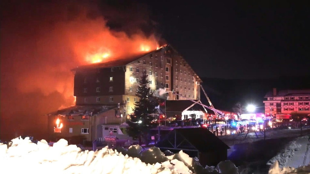 The fire began before dawn, ripping through the Grand Kartal Hotel near the northwestern town of Bolu