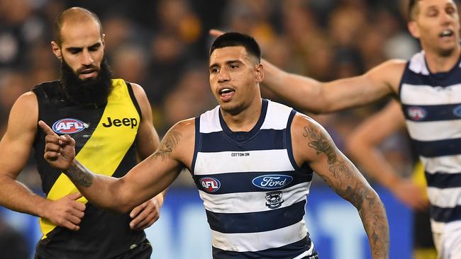 Tim Kelly celebrates a goal in Geelong’s big win against Richmond.