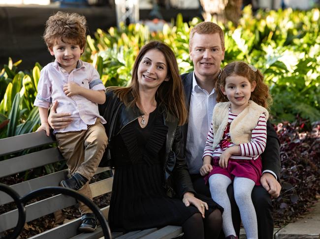 Portraits of Mark Stapleton,the new Parramatta Council CEO and his family, taken in  Prince Alfred Square, Parramatta, on July 6th 2018. With him is wife Diana and children Russell (3) and Elena (4). (AAP Image / Julian Andrews).