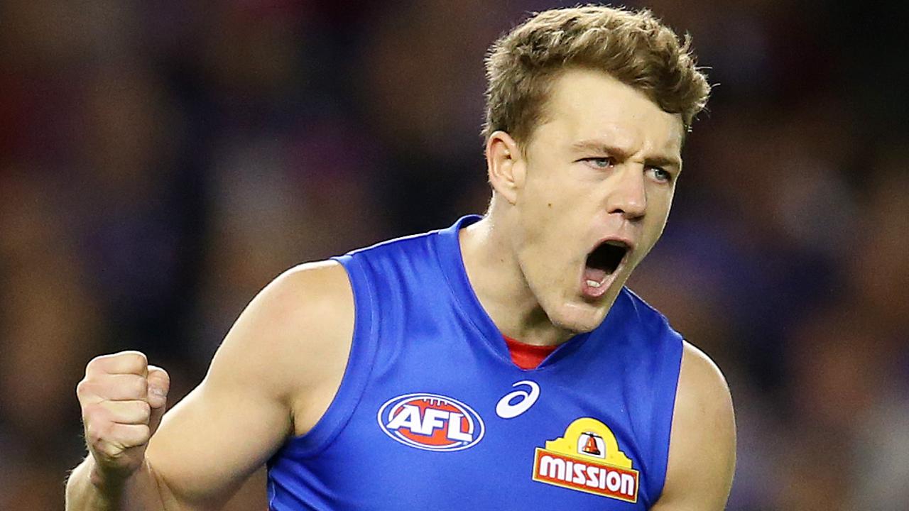 AFL Round 6. 27/04/2018. Western Bulldogs v Carlton at Etihad Stadium.  Western Bulldogs Jack Macrae celebrates his goal in the first quarter  . Pic: Michael Klein