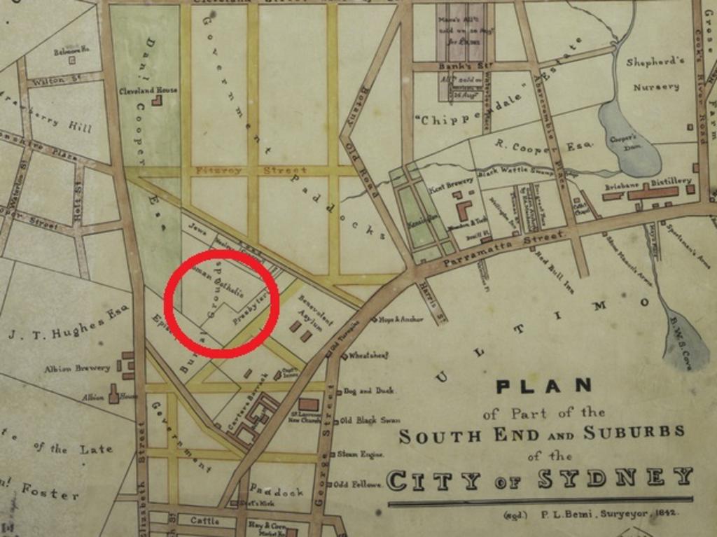 A map of Sydney’s southern end in the 19th century (north, and the CBD, is at the bottom) showing the Devonshire St Cemetery.