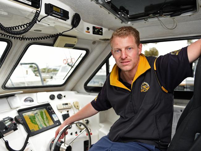 Westernport Coast Guard Flotilla Commander Jeremy West in the new Noosa Cat rescue vessel. Picture: Andrew Batsch