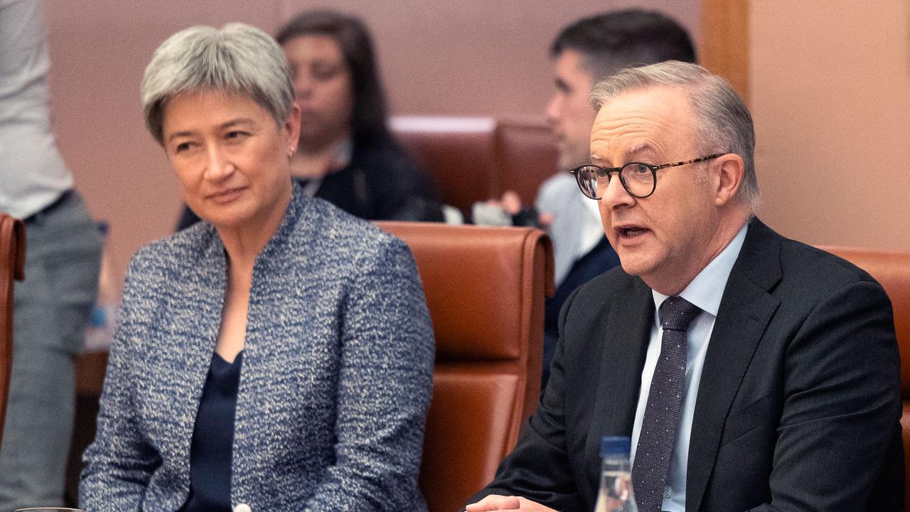 Australiaâs Prime Minister Anthony Albanese (R) speaks as he sits next to Australiaâs Minister for Foreign Affairs Penny Wong during a meeting with Papua New Guineaâs Prime Minister James Marape in Parliament House in Canberra on December 7, 2023. Australia signed a security deal with Papua New Guinea on December 7, bolstering ties to a key Pacific neighbour that has been courted persistently by China. (Photo by HILARY WARDHAUGH / AFP)