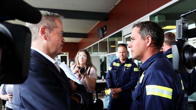 An engineer talks to Labor leader Bill Shorten about high income tax relief.  NEWS2019ELECTION 23/4/2019. DAY 13Opposition Leader Bill Shorten talking to workers at GPC with Shadow Minister for Employment and Workplace Relations, Brendan Oâ€™Connor, Shadow Minter for Immigration, Shayne Neumann, Shadow Minister for Trade, Investment, Resources and Northern Australia, Jason Clare and Labor candidate for Flynn, Zac Beers at Gladstone Port in  QLD. Picture Kym Smith