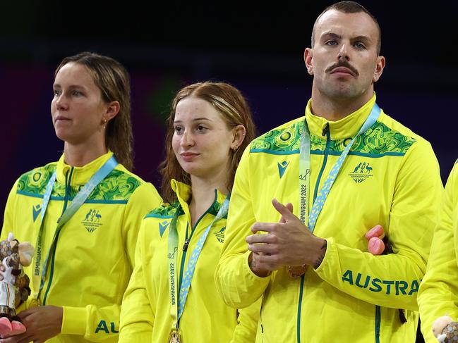 The Dolphins won gold in the mixed 4 x 100m freestyle final. The team featured ex-partners Emma McKeon and Kyle Chalmers.