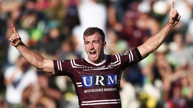 Lachlan Croker celebrates a try for the Sea Eagles. Picture: Getty Images