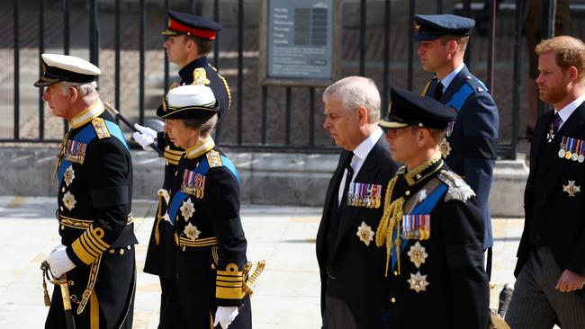 Prince William, Prince of Wales, King Charles III, Princess Anne, Princess Royal, Prince Andrew, Duke of York and Prince Harry, Duke of Sussex leave after the State Funeral of Queen Elizabeth II in London. Picture: Getty Images