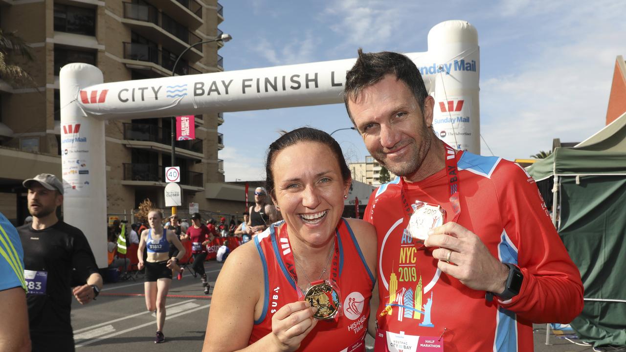 Anna Liptak of Seacliff and Darren Hayward of Pennington, used the run as a warm up for the New York marathon. Picture: Dean Martin/AAP