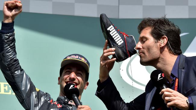 Can Daniel Ricciardo get Mark Webber to have another crack at a shoey? Picture: AFP