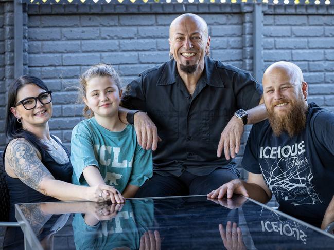 ADELAIDE, SOUTH AUSTRALIA - Advertiser Photos DECEMBER 9, 2024: Ami Boundy 41yrs (L) with her fiancÅ½e Simon Warne 42yrs (R), her ex-husband and best friend Danny Lopresto 57yrs (M) and and their daughter Ruby 8yrs. Picture Emma Brasier