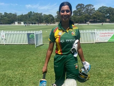 Aditi Shidore after posting another big score for the Ghosts. Picture: Campbelltown Camden CC