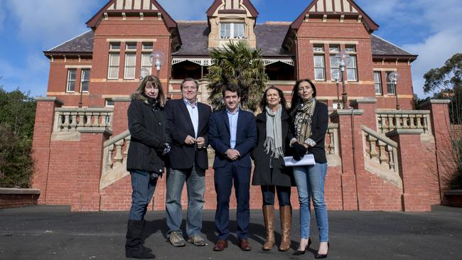 Hume councillor Ann Potter, McEwen federal Labor MP Rob Mitchell, Sunbury state Labor MP Josh Bull, Sunbury Community Progress Association president Alison Cunningham and Julee Davenport from the Sunbury Asylum Alliance discuss the future of the former VU campus on Jacksons Hill. Picture: Andy Brownbill.