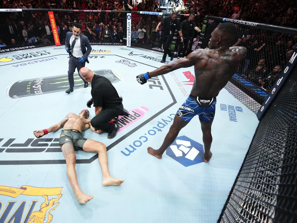 Israel Adesanya fires arrows at unconscious Alex Pereira at UFC 287. Picture: UFC