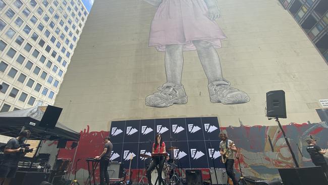 Melbourne Laneways are getting a makeover to revive the city and bring visitors back. Melbourne band Screen Saver playing in Russell Place, one of the laneways being transformed. Picture: Grace McKinnon