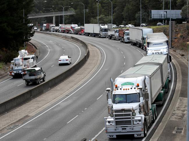 Major delays on the South Eastern Freeway near Crafers after a truck accident early Monday morning in Adelaide, Monday, March 2, 2020.  (AAP Image/Kelly Barnes) NO ARCHIVING