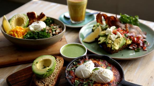 Breakfast at The Nook includes Mexican baked eggs, a nourish bowl, smashed avo and turmeric latte.