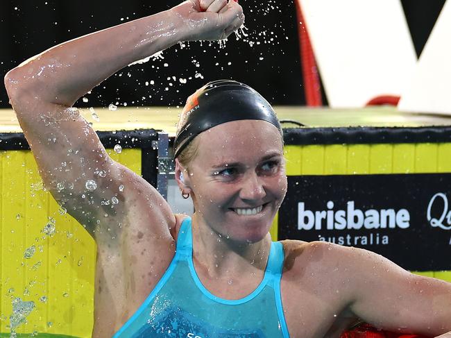 BRISBANE, AUSTRALIA - JUNE 12: Ariarne Titmus of Queensland celebrates winning the WomenÃ¢â¬â¢s 200m Freestyle Final in a new world record time of 1:52.23 during the 2024 Australian Swimming Trials at Brisbane Aquatic Centre on June 12, 2024 in Brisbane, Australia. (Photo by Quinn Rooney/Getty Images) *** BESTPIX ***