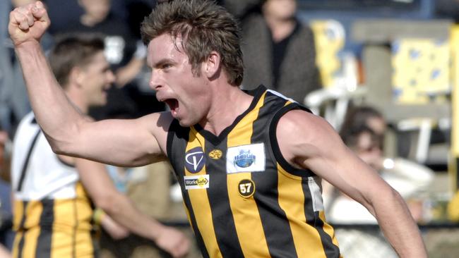 David Bell celebrates a goal during Upwey Tecoma’s premiership year of 2009. 