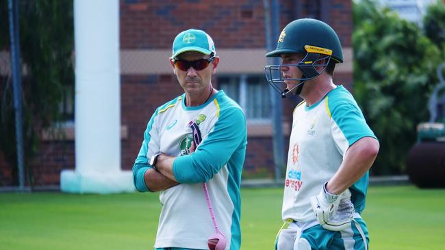 Justin Langer watched Marcus Harris at training ahead of the Gabba Test. Picture: cricket.com.au