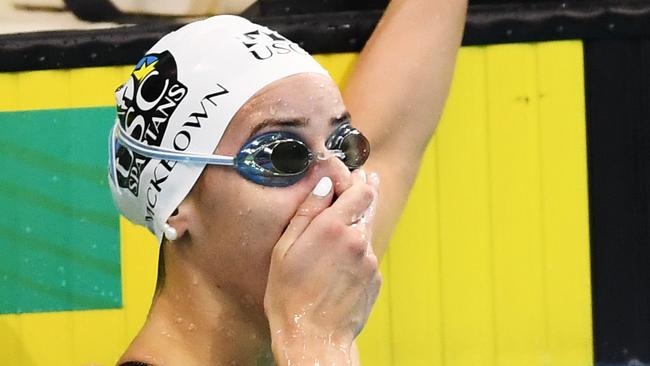 Kaylee McKeown realises she has broken the world on Sunday night. Picture: Getty Images