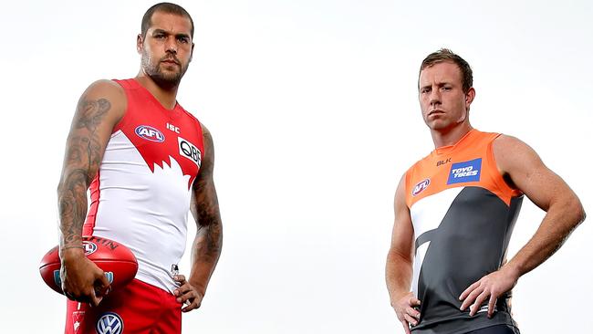 Sydney Swans Lance Franklin and GWS Giants Steve Johnson ahead of the local derby at the SCG on Saturday. Picture Gregg Porteous