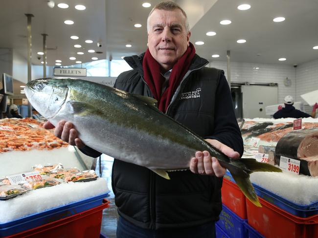 11/09/2019. David Head, Clean Seas chief executive, holding a Yellowtail Kingfish at the Sydney Fish Market. Britta Campion / The Australian