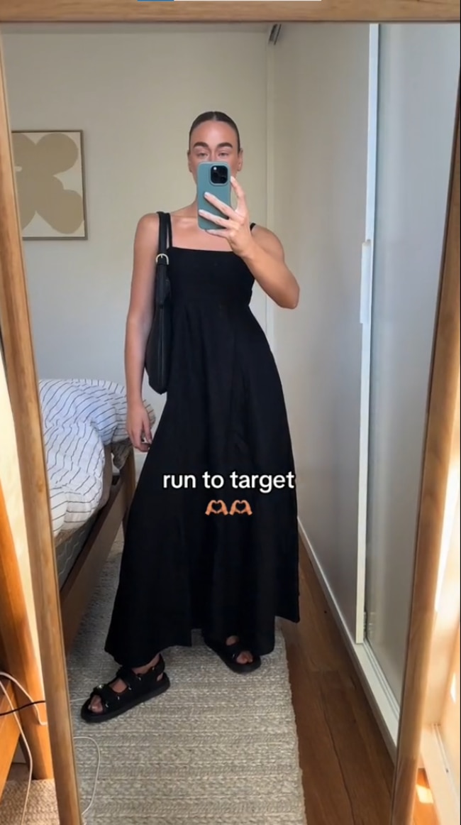 Target Lily Loves Linen Blend Strappy Babydoll Midi Dress. Picture: TikTok/@nmcnamara0.