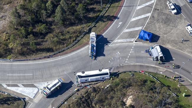 The bus crashed at a roundabout at Greta in the NSW Hunter Valley. Picture: NCA NewsWire / Christian Gilles