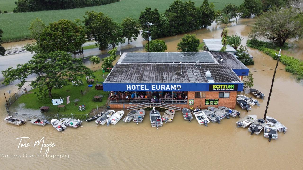 Euramo residents took their boats to the Euramo Yacht Club (Hotel Euramo) for a cold beer while their town was inundated. Picture: Toni Muzic