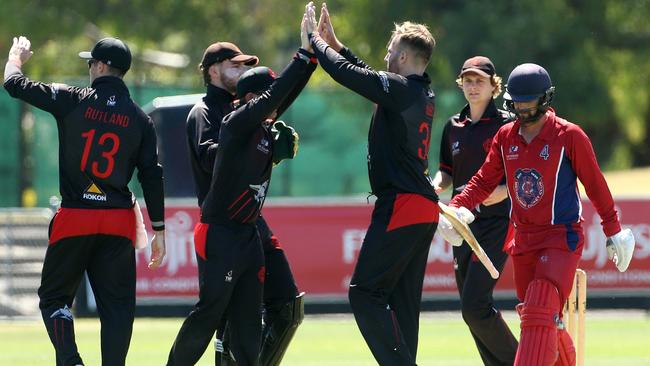 Matt Doric celebrates the wicket of Meyrick Buchanan. Picture: Hamish Blair