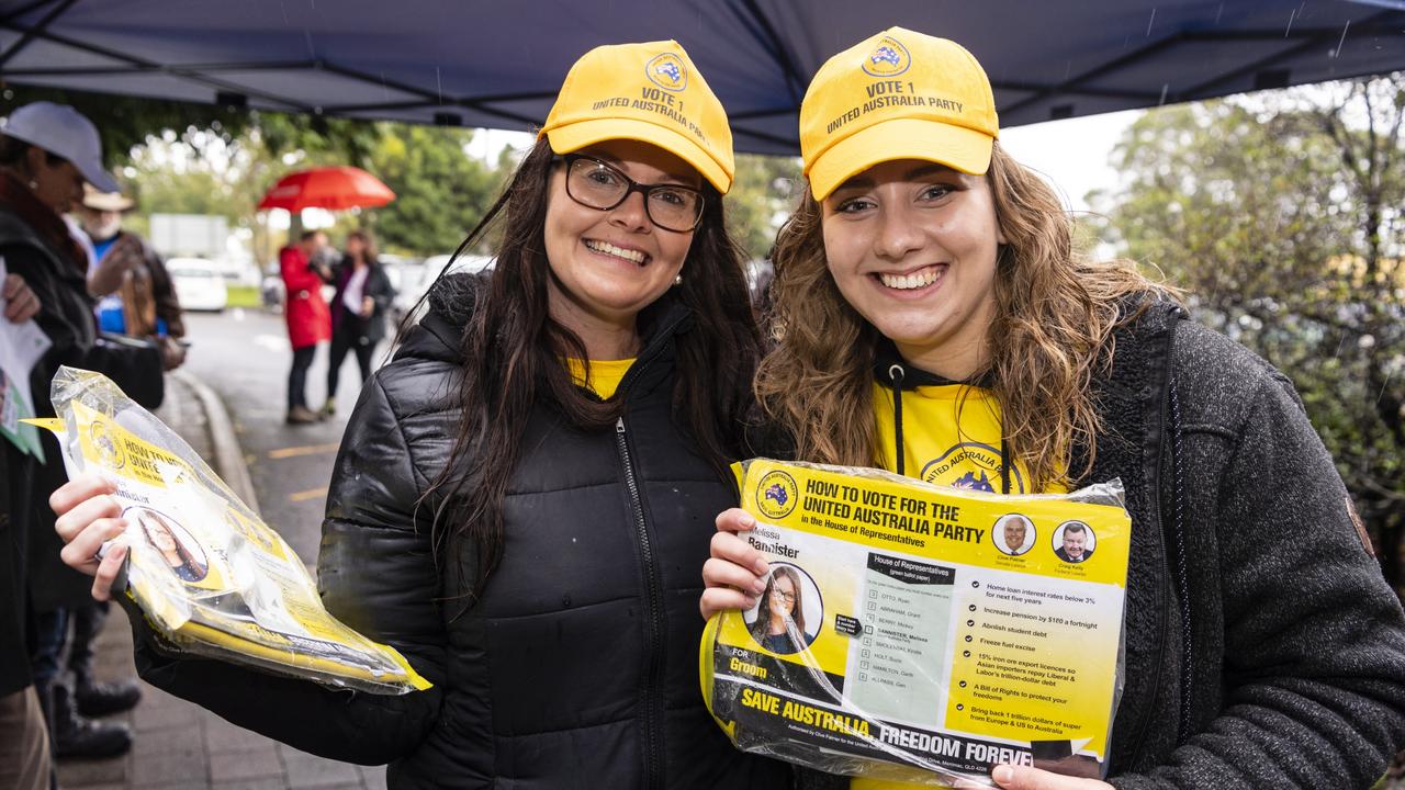 United Australia Party candidate for Groom Melissa Bannister with supporter Cat Evans at the Centenary Heights State High School polling booth. Picture: Kevin Farmer