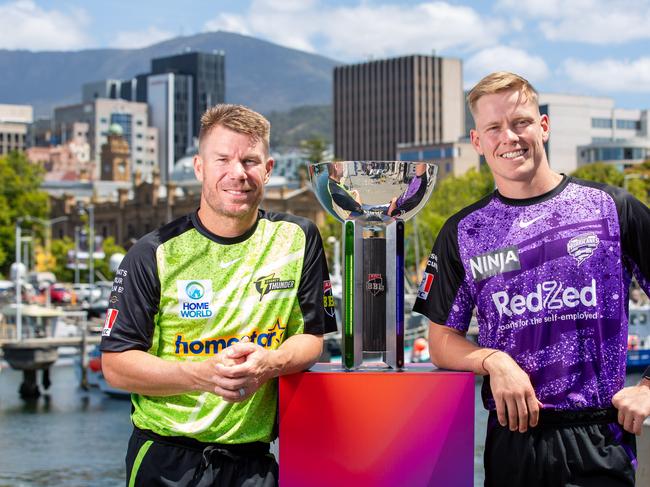 Sydney Thunder captain David Warner and Hobart Hurricanes captain Nathan Ellis in Hobart ahead of the BBL Final. Picture: Linda Higginson.