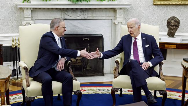 US President Joe Biden and Prime Minister of Australia Anthony Albanese shake hands in the Oval Office before a bilateral meeting.