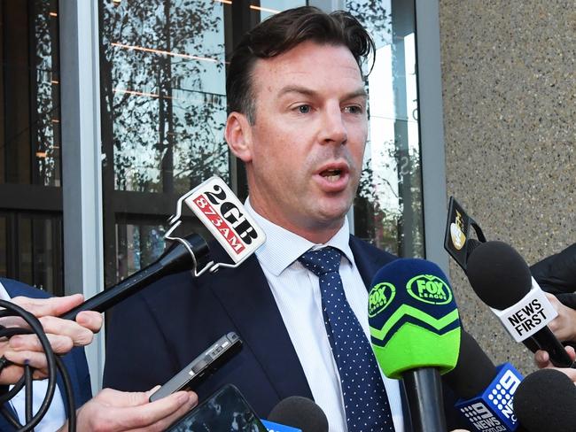 Rugby League Players Association CEO Ian Prendergast addresses the media outside the Federal Court in Sydney, Friday, May 17, 2019. St George Illawarra star Jack de Belin has lost his bid to be reinstated by the NRL. (AAP Image/Peter Rae) NO ARCHIVING